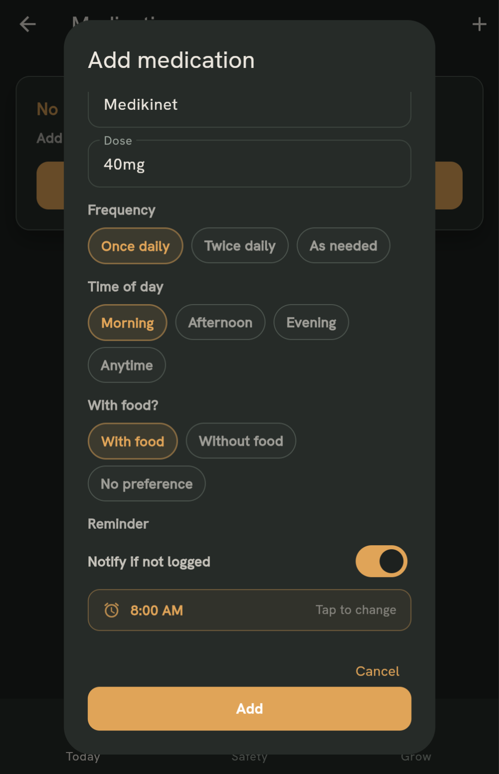 Medication and settings screen