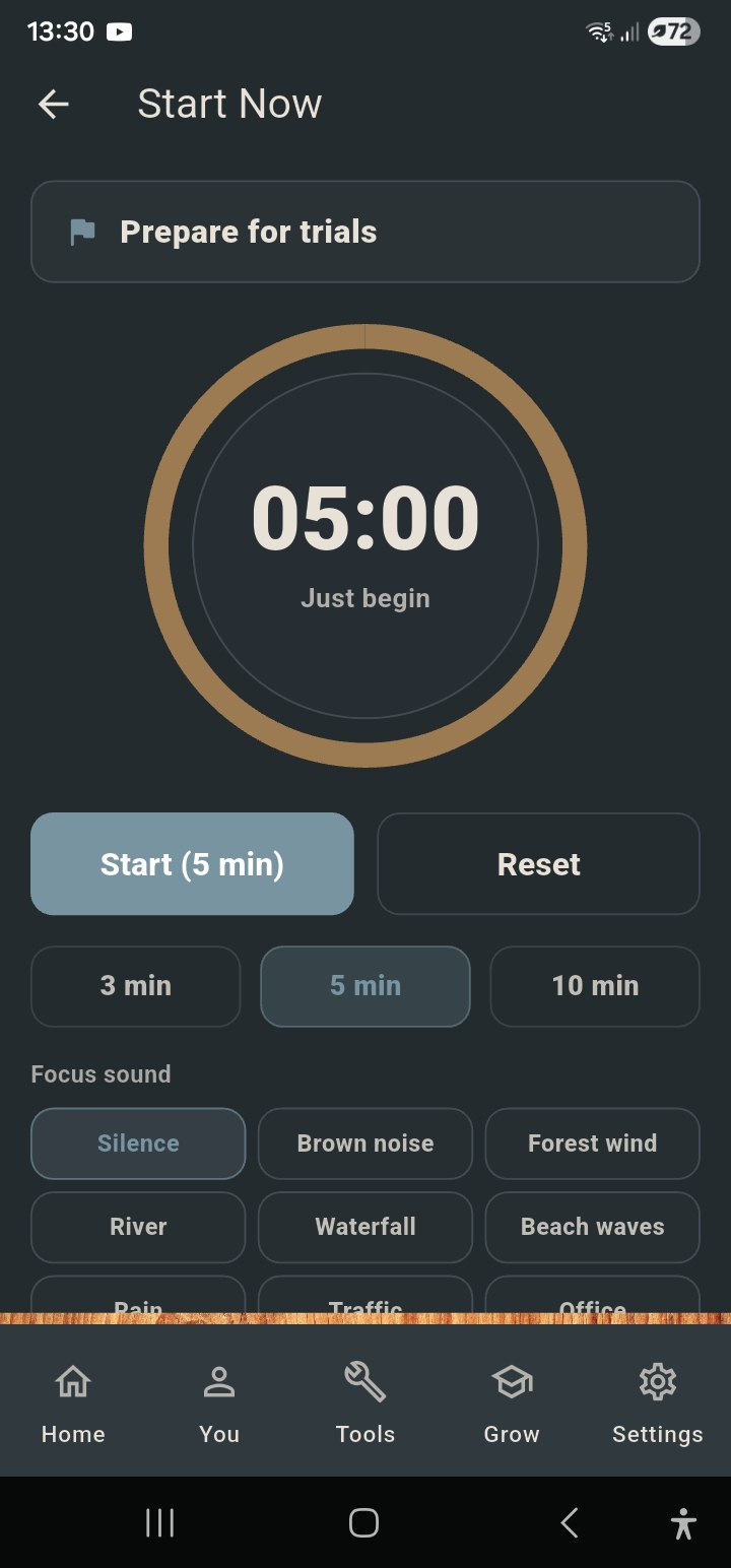 Start Now focus timer screen