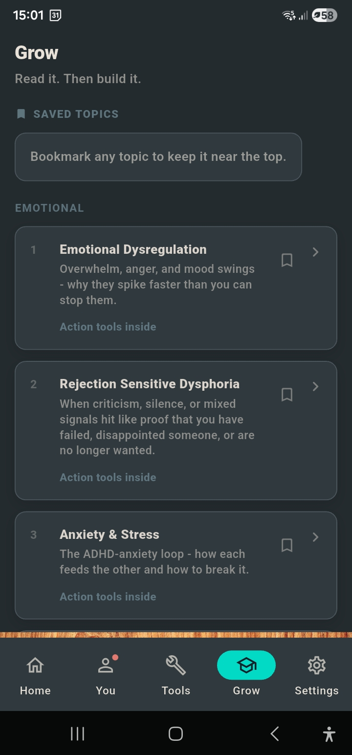 Grow tab showing topic catalogue