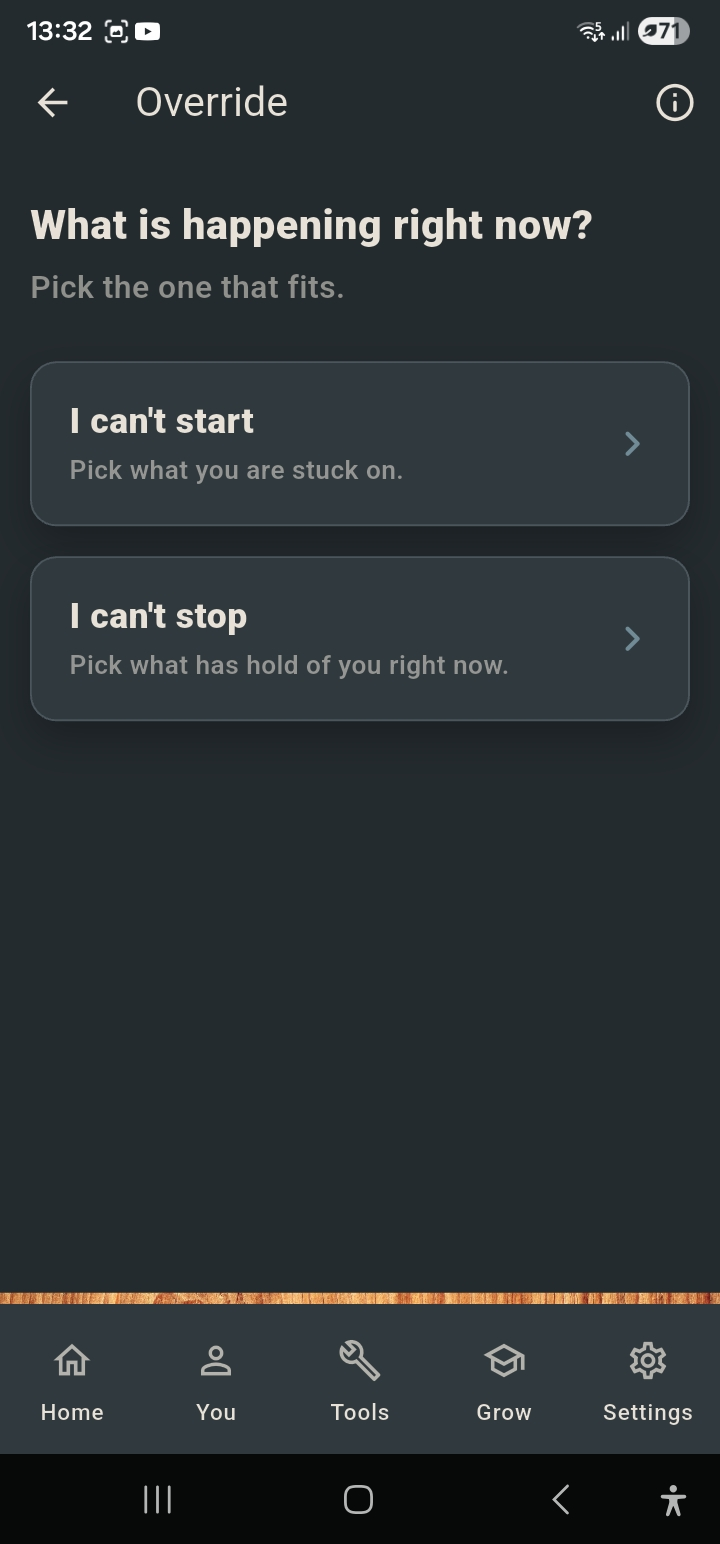 Override tool screen