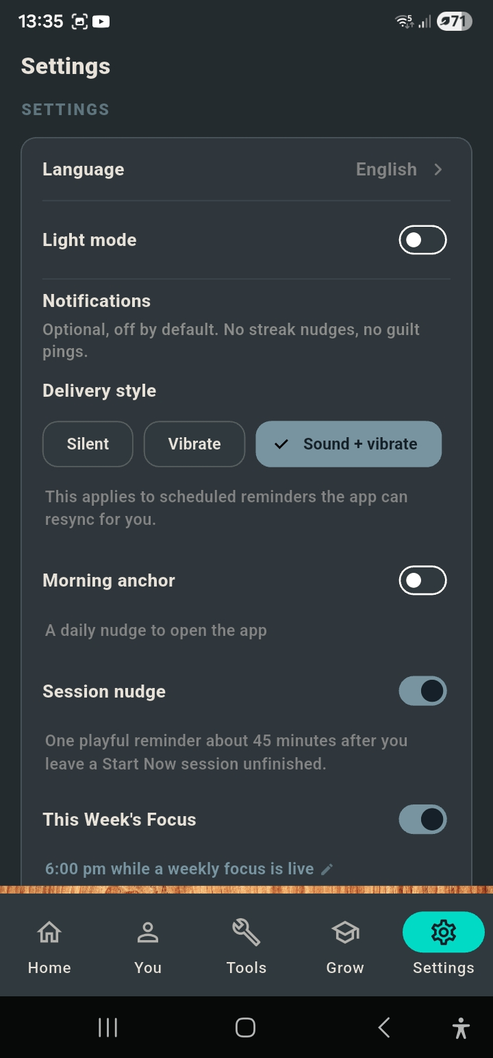 Settings screen